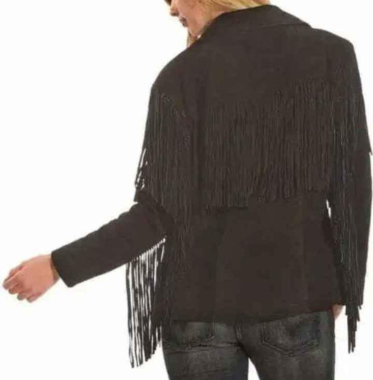 Back view of a women's black suede leather cowboy jacket with long fringe by Zhim Leather Creations