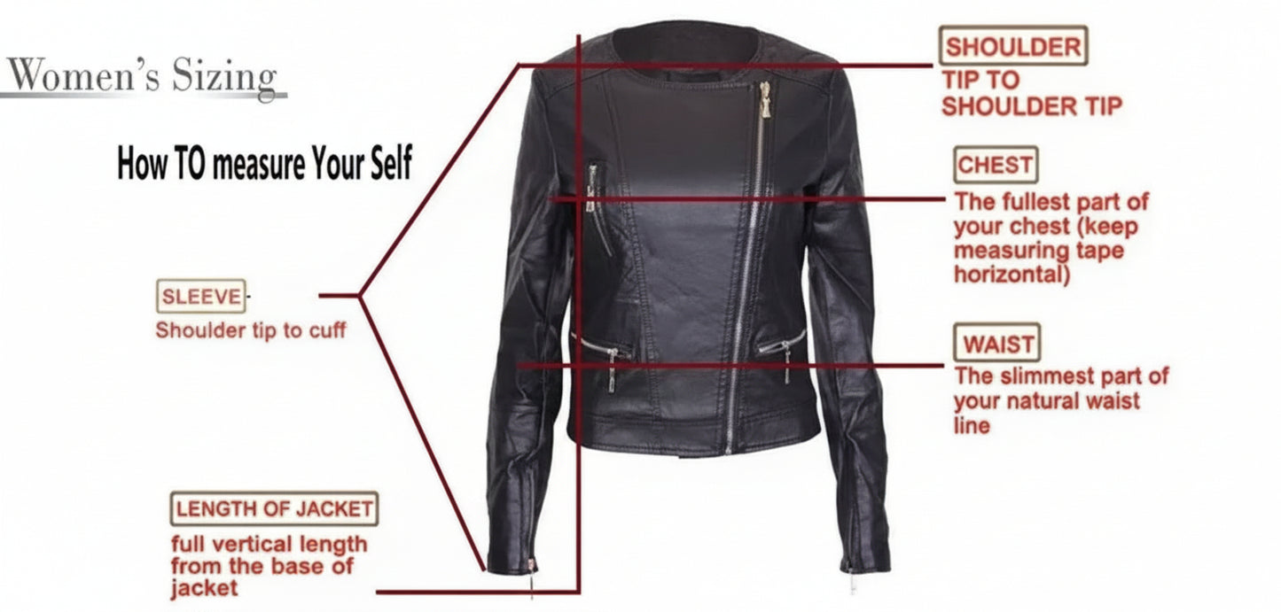 Black leather jacket with measurement guide for women's sizing on a white background