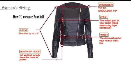 Women's leather jacket sizing guide from Zhim Leather Creations showing measurement points.