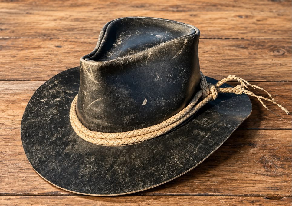 A distressed black leather cowboy hat with a natural tan rope band, resting on a rustic wooden surface.