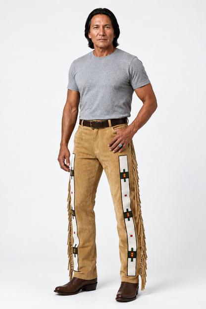 Man wearing Zhim Leather Creations Native American beaded suede fringe pants.