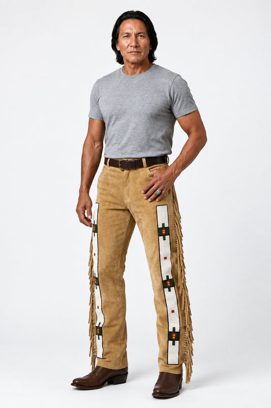 Man wearing Zhim Leather Creations Native American beaded suede fringe pants.