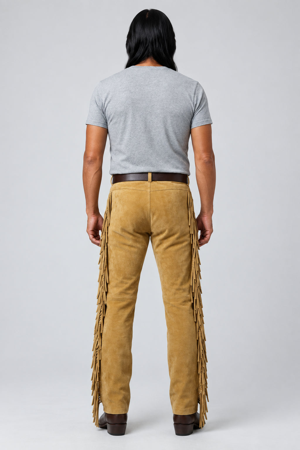 Back view of tan suede fringe pants by Zhim Leather Creations.