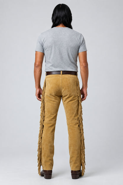 Back view of tan suede fringe pants by Zhim Leather Creations.