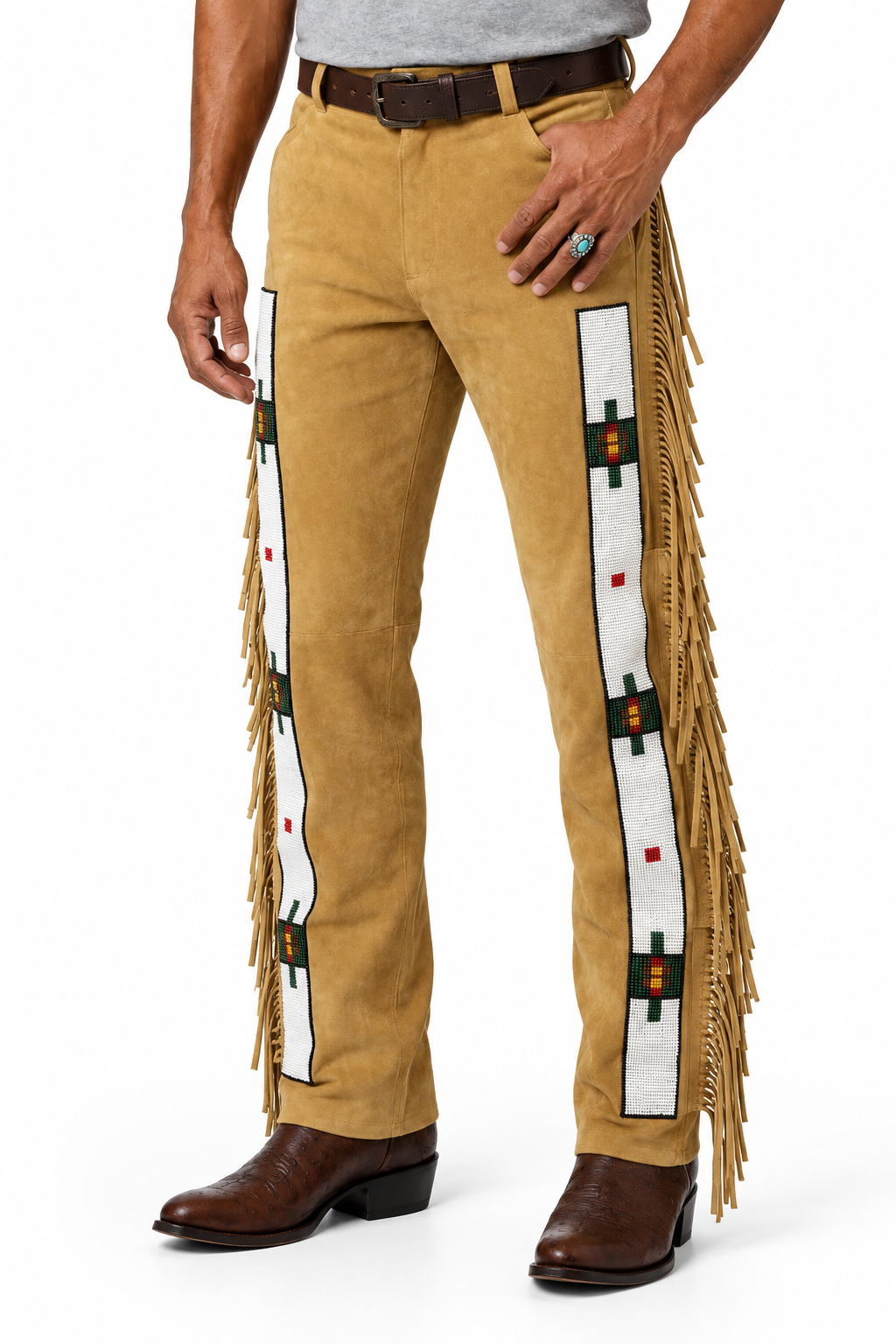 Tan suede fringe pants with authentic Native American beaded patterns by Zhim Leather Creations