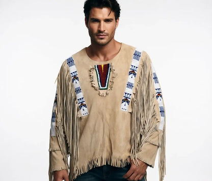 Man wearing a Zhim Leather Creations sand suede fringe shirt with tribal beadwork.