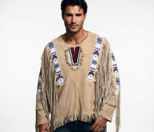 Man wearing a beige fringed shirt with colorful patterns on a white background