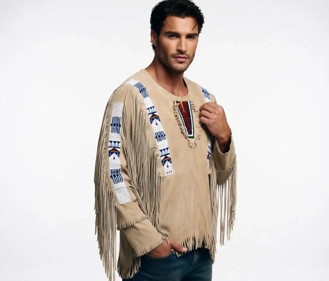 Man wearing a Zhim Leather Creations sand suede shirt with tribal beadwork and long fringe.