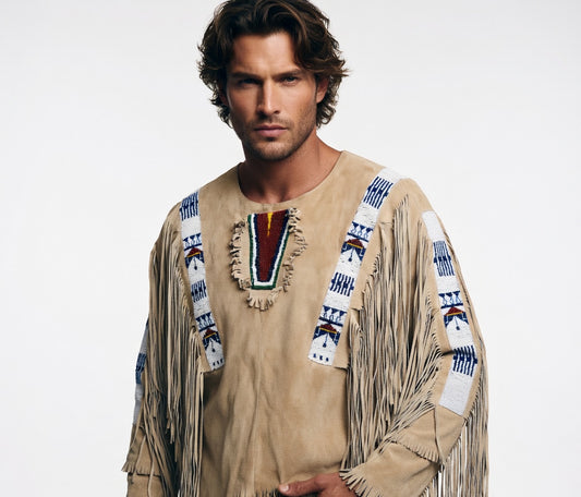 Man wearing a traditional Native American outfit with a beaded shirt and fringed jacket on a white background