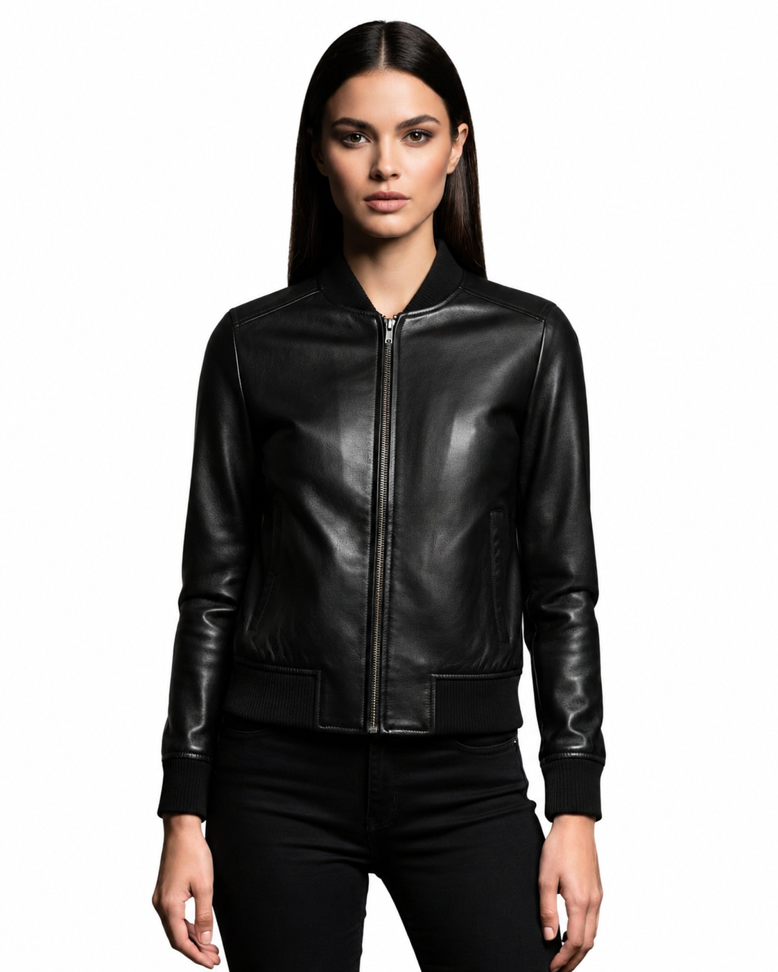 Front view standing a model with Black Leather Bomber Jacket Women