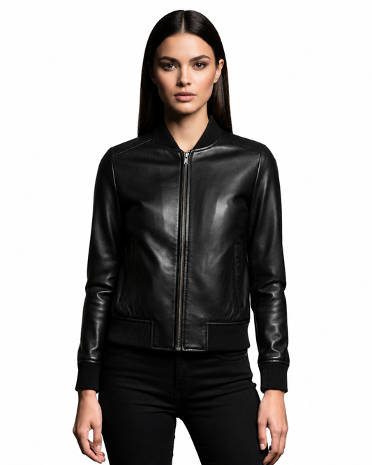 Front view standing a model with Black Leather Bomber Jacket Women