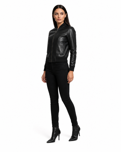 Standing front look with Black Leather Bomber Jacket Women