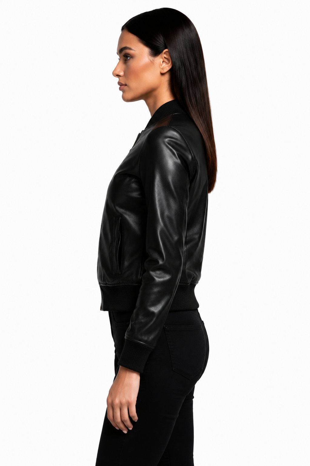 Side view Black Leather Bomber Jacket Women