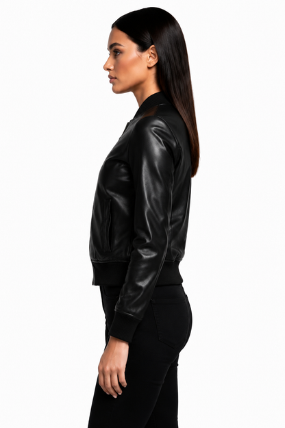 Side view Black Leather Bomber Jacket Women