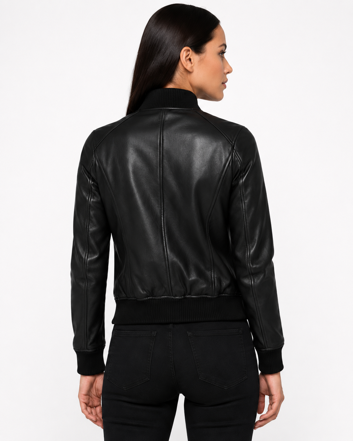 Back view of the Black Leather Bomber Jacket Women