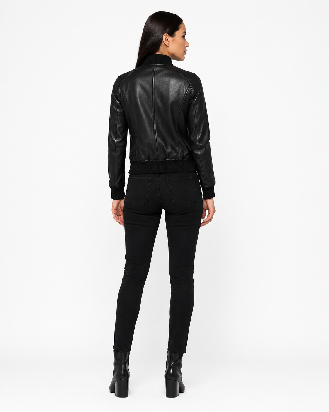 Back full view of the Black Leather Bomber Jacket Women