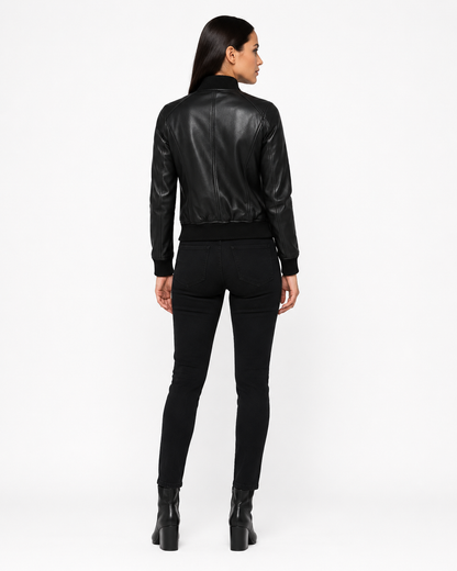 Back full view of the Black Leather Bomber Jacket Women