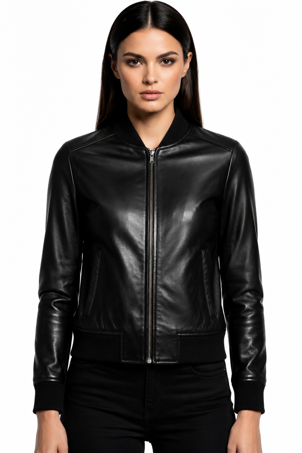 Front view Black Leather Bomber Jacket Women