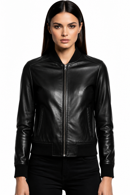 Front view Black Leather Bomber Jacket Women