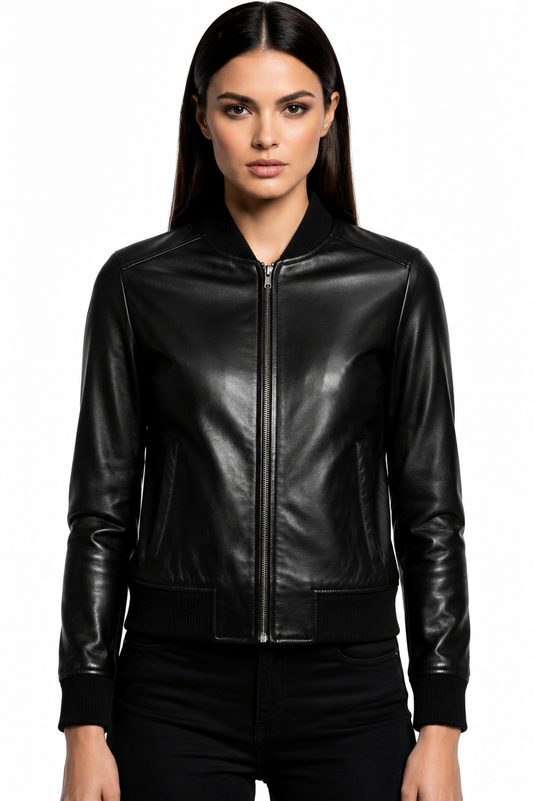 Front view Black Leather Bomber Jacket Women