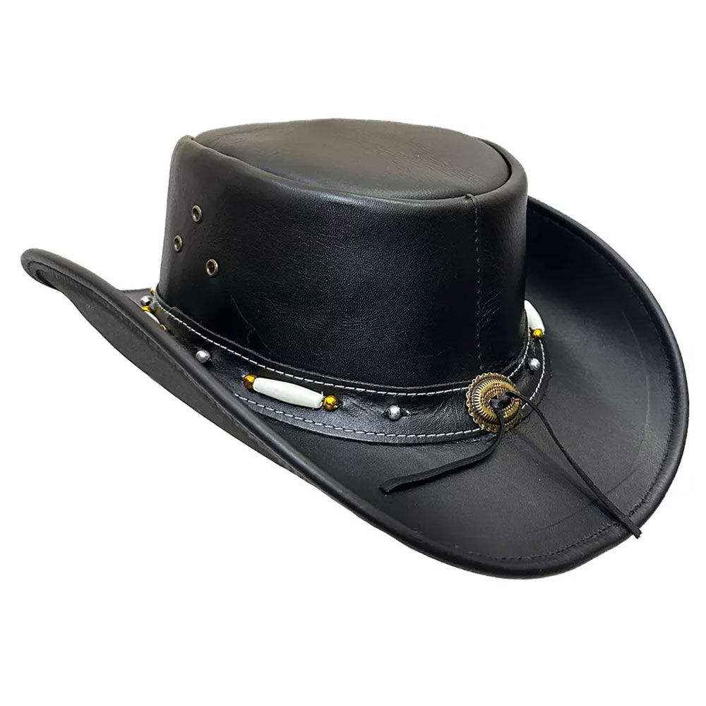 Black Leather Cowboy Hat Bone & Gold Beaded Band
