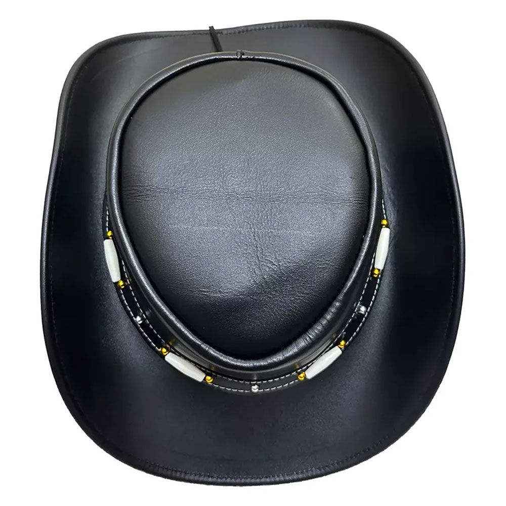 Black Leather Cowboy Hat Bone & Gold Beaded Band