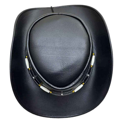 Black Leather Cowboy Hat Bone & Gold Beaded Band