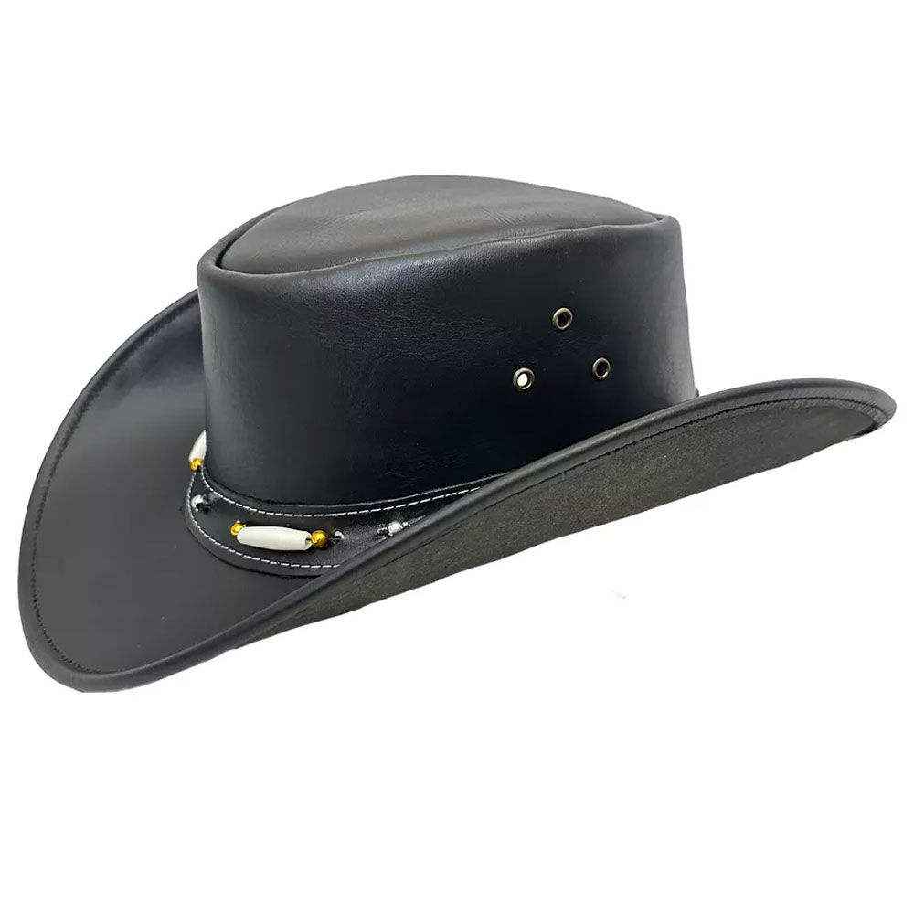 Black Leather Cowboy Hat Bone & Gold Beaded Band