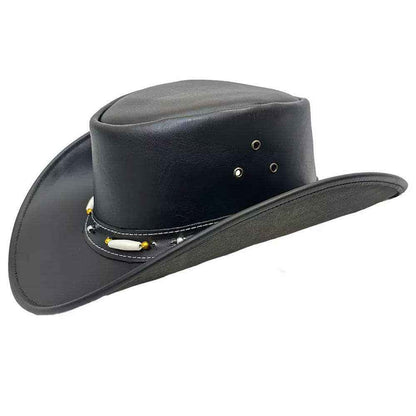 Black Leather Cowboy Hat Bone & Gold Beaded Band