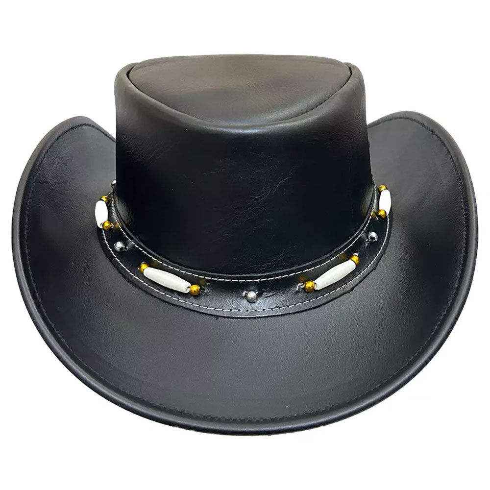 Black Leather Cowboy Hat Bone & Gold Beaded Band