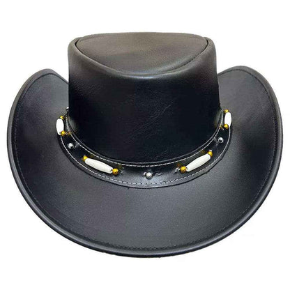 Black Leather Cowboy Hat Bone & Gold Beaded Band