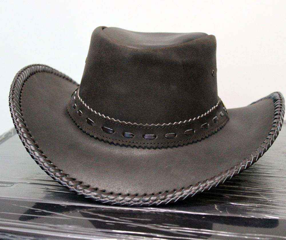 Black Leather Cowboy Hat Braided Brim Edge & Cutout Band Statement Western