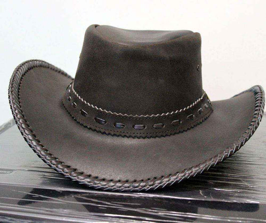 Black Leather Cowboy Hat Braided Brim Edge & Cutout Band Statement Western