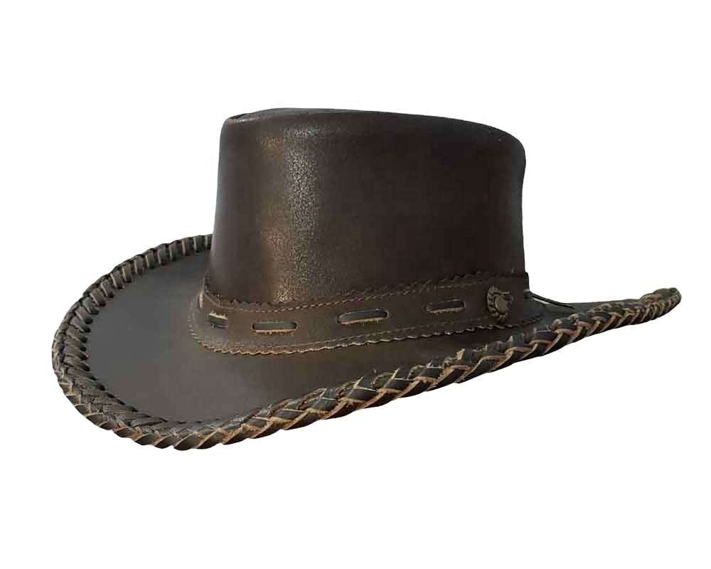 Black Leather Cowboy Hat Braided Brim Edge & Cutout Band Statement Western-3