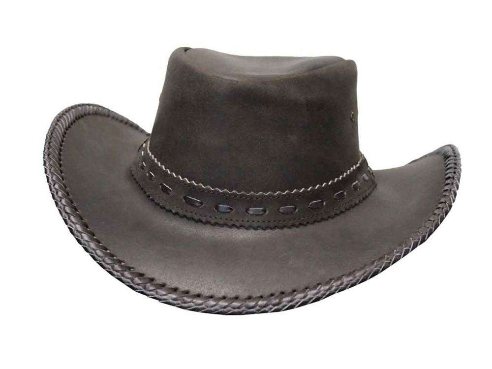 Black Leather Cowboy Hat Braided Brim Edge & Cutout Band Statement Western-4