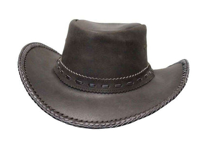 Black Leather Cowboy Hat Braided Brim Edge & Cutout Band Statement Western-4