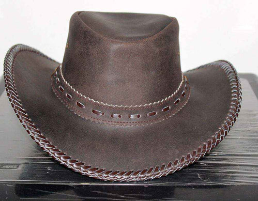 Black Leather Cowboy Hat Braided Brim Edge & Cutout Band Statement Western