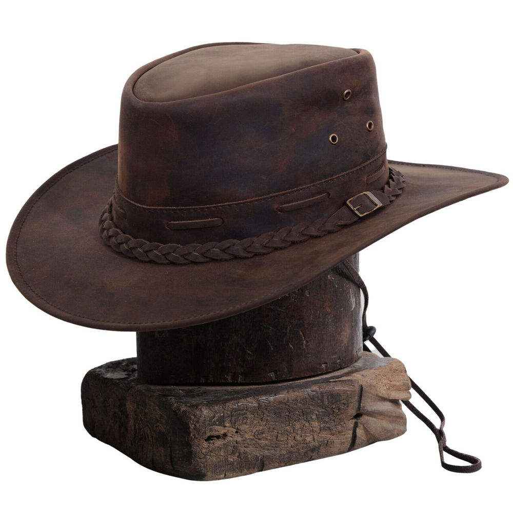 Distressed Leather Outback Hat Braided Buckle Band Ventilated