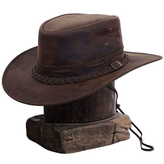 Distressed Leather Outback Hat Braided Buckle Band Ventilated