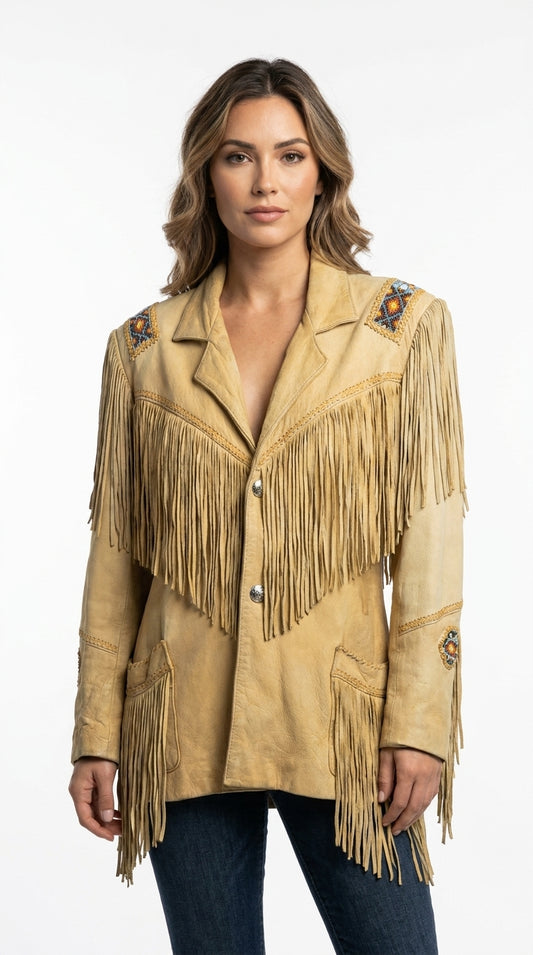 Women Fringe Suede Leather Beaded Jacket- ZLC-WWJ-2041