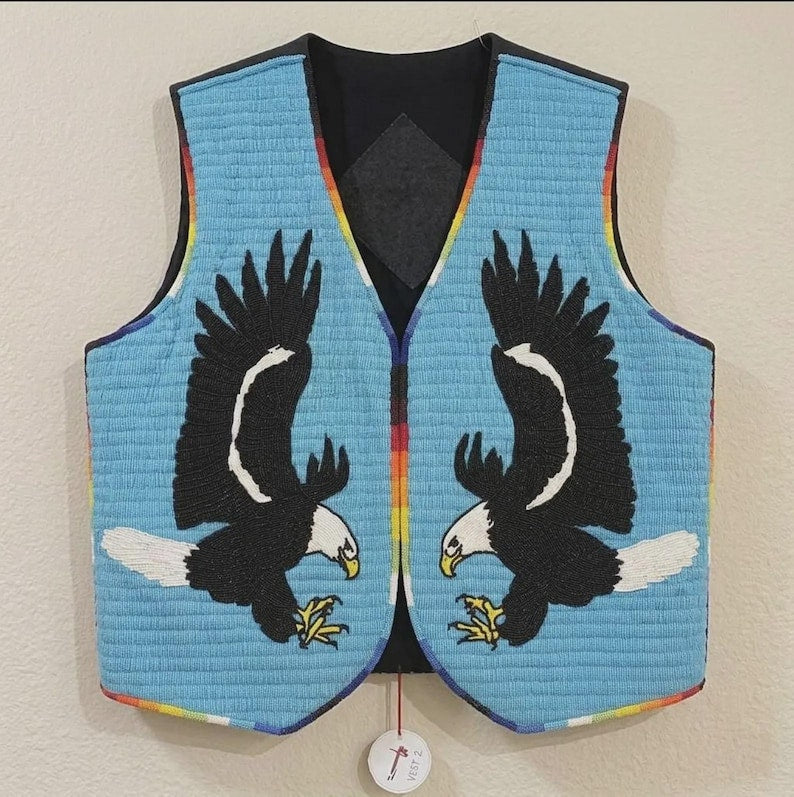 Handcrafted Beaded Suede Leather Vest – Flying Eagle Edition