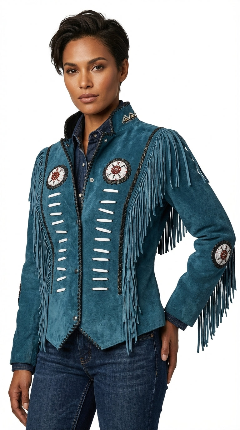 Woman wearing a blue fringed jacket with decorative elements on a white background