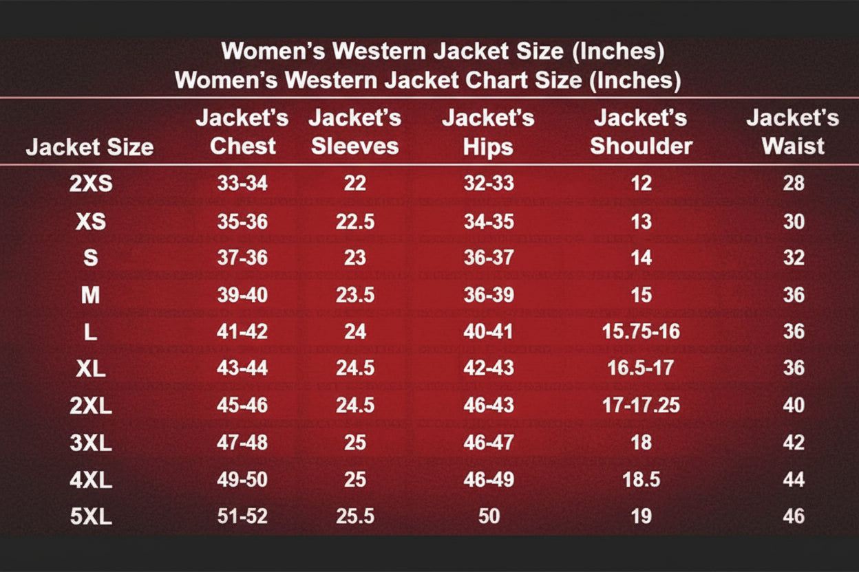 Chart displaying women's western jacket size measurements in inches on a dark red background.