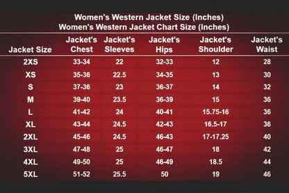 Chart displaying women's western jacket size measurements in inches on a dark red background.