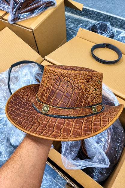 Handcrafted Crocodile-Embossed Leather Outback Hat – Vintage Tan Concho Edition