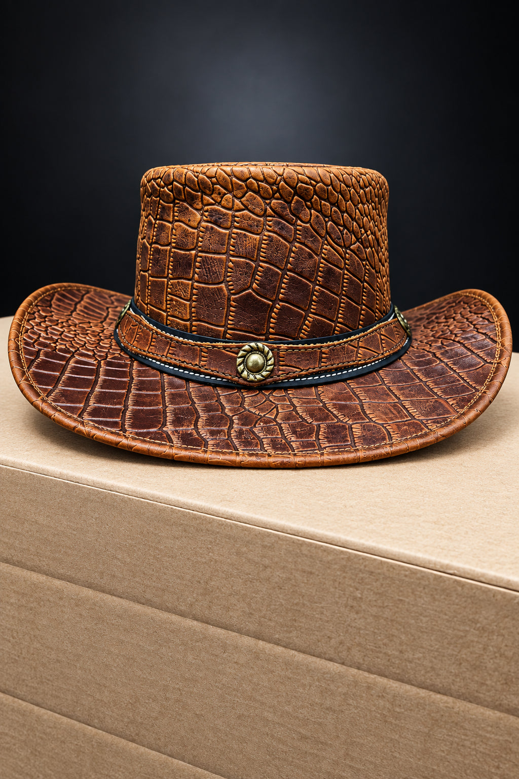 Handcrafted Crocodile-Embossed Leather Outback Hat – Vintage Tan Concho Edition