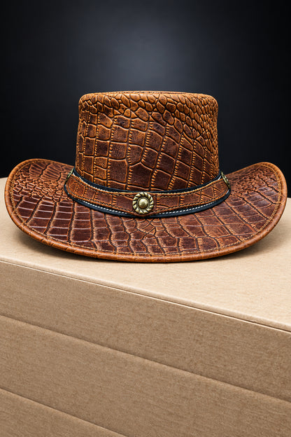 Handcrafted Crocodile-Embossed Leather Outback Hat – Vintage Tan Concho Edition
