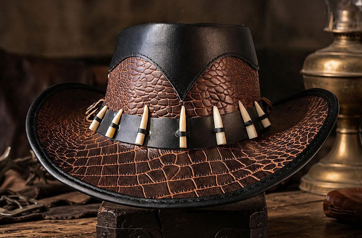 Handcrafted Crocodile-Embossed Leather Outback Hat – Western Bush Edition