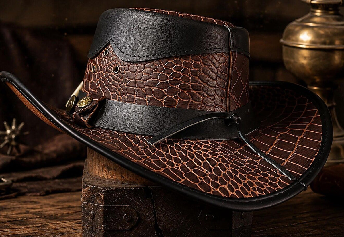 Handcrafted Crocodile-Embossed Leather Outback Hat – Western Bush Edition