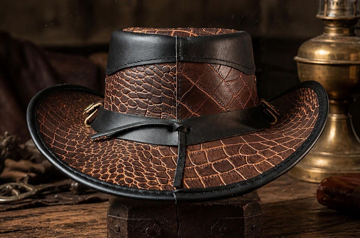 Handcrafted Crocodile-Embossed Leather Outback Hat – Western Bush Edition